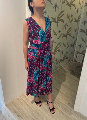 Alternative Vibes Purple Tropical Midi Dress with Ruched Waist