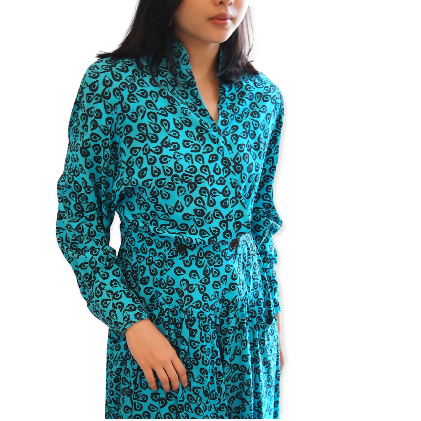 Bright Blue Abstract Peacock Print Midi Trench Dress