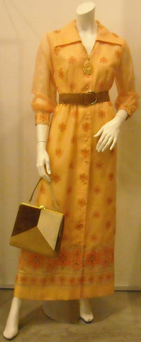 Vintage Shaheen Orange Print Caftan Maxi Dress