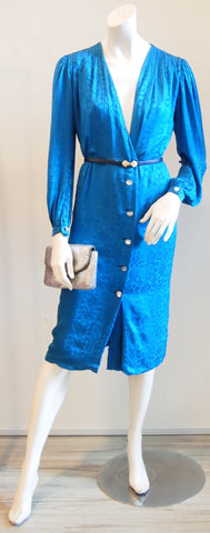 Vintage Trigere Electric Blue Jacquard Long Sleeve Dress