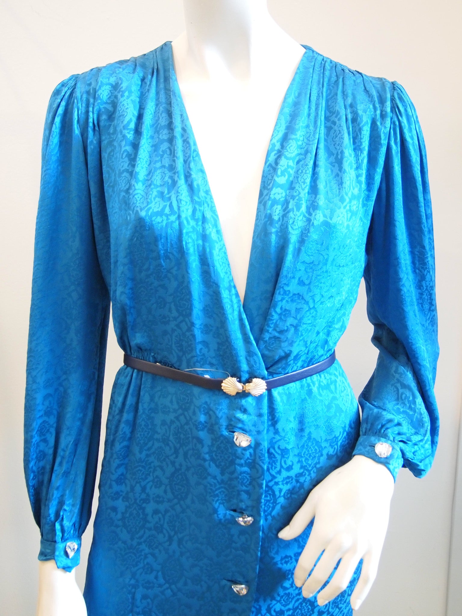 Vintage Trigere Electric Blue Jacquard Long Sleeve Dress