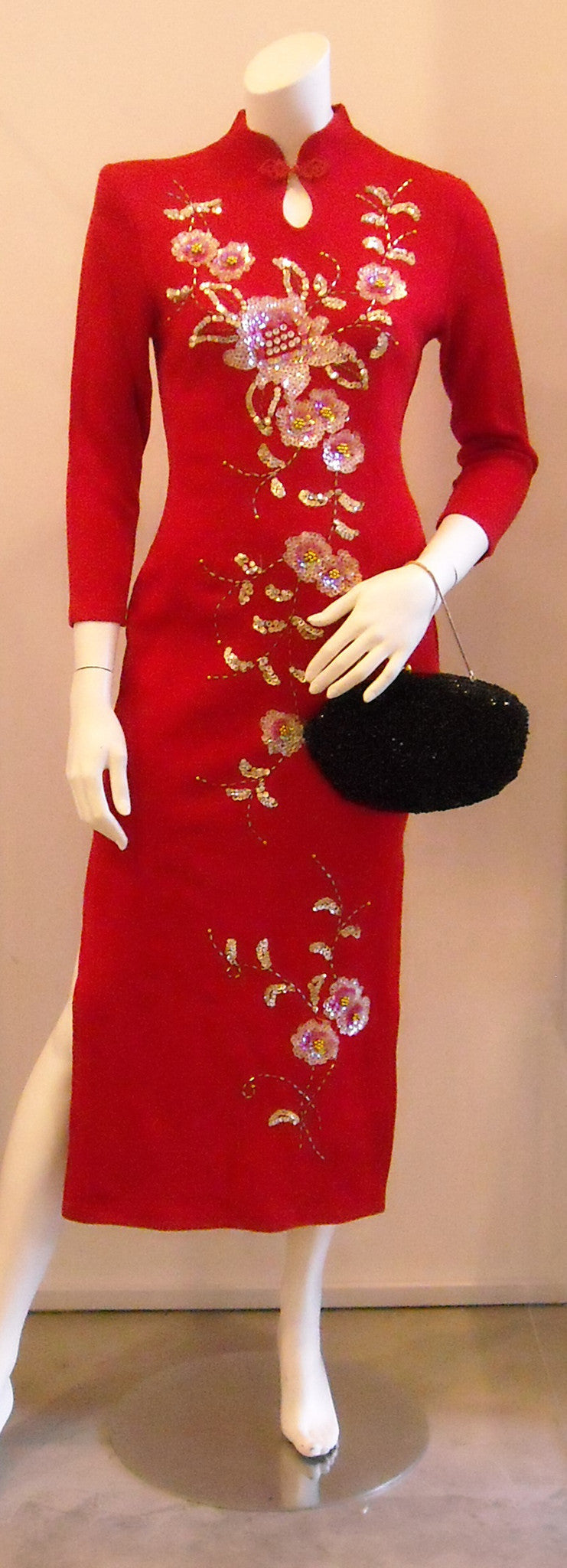 Gorgeous Vintage Crimson Red Sequinned Cheongsam Dress