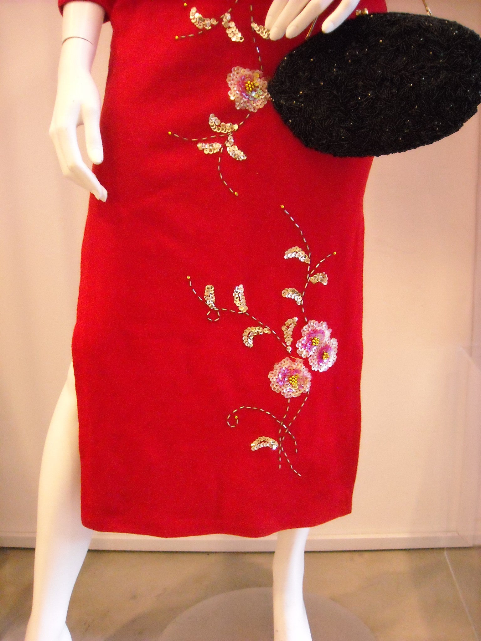 Gorgeous Vintage Crimson Red Sequinned Cheongsam Dress