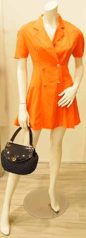 80s Bright Orange Double-Breasted Dress with Cap Sleeves