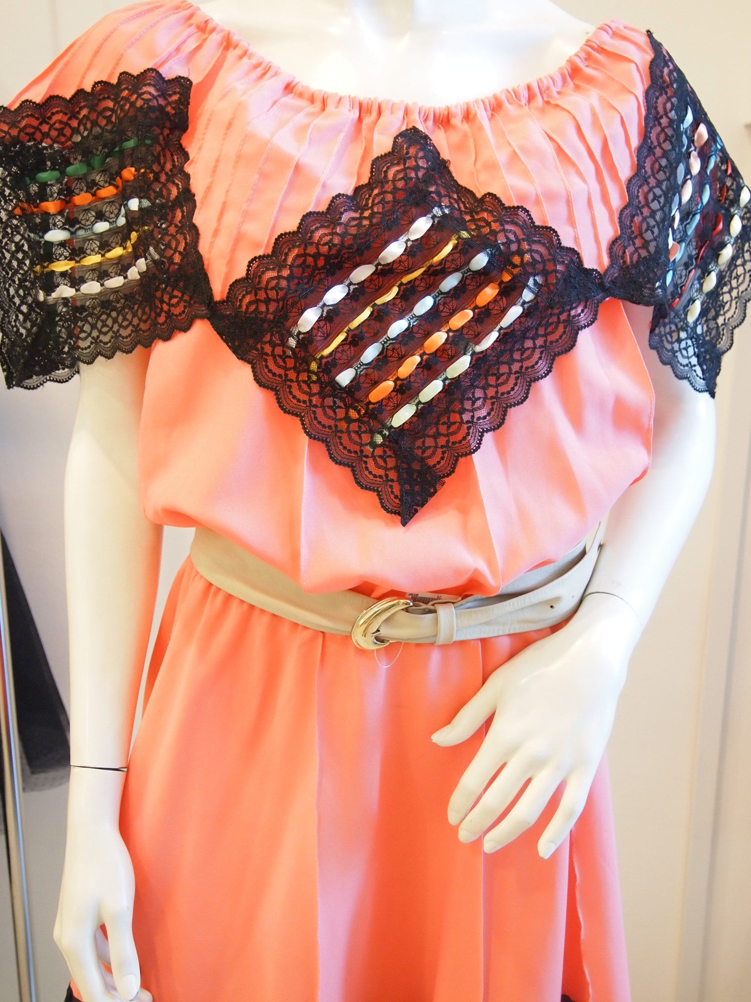 Coral Dress with Black Lace and Multi-colour Ribbon Trimmings