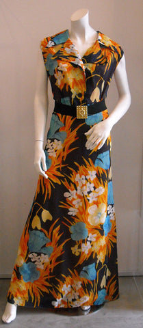 Blue with Fiery Orange Fleur Maxi Vintage Dress