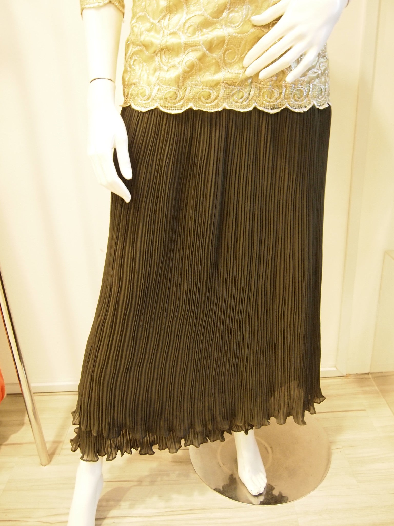 Golden Olive Pleated Lace Bustier Evening Dress with Matching Bolero