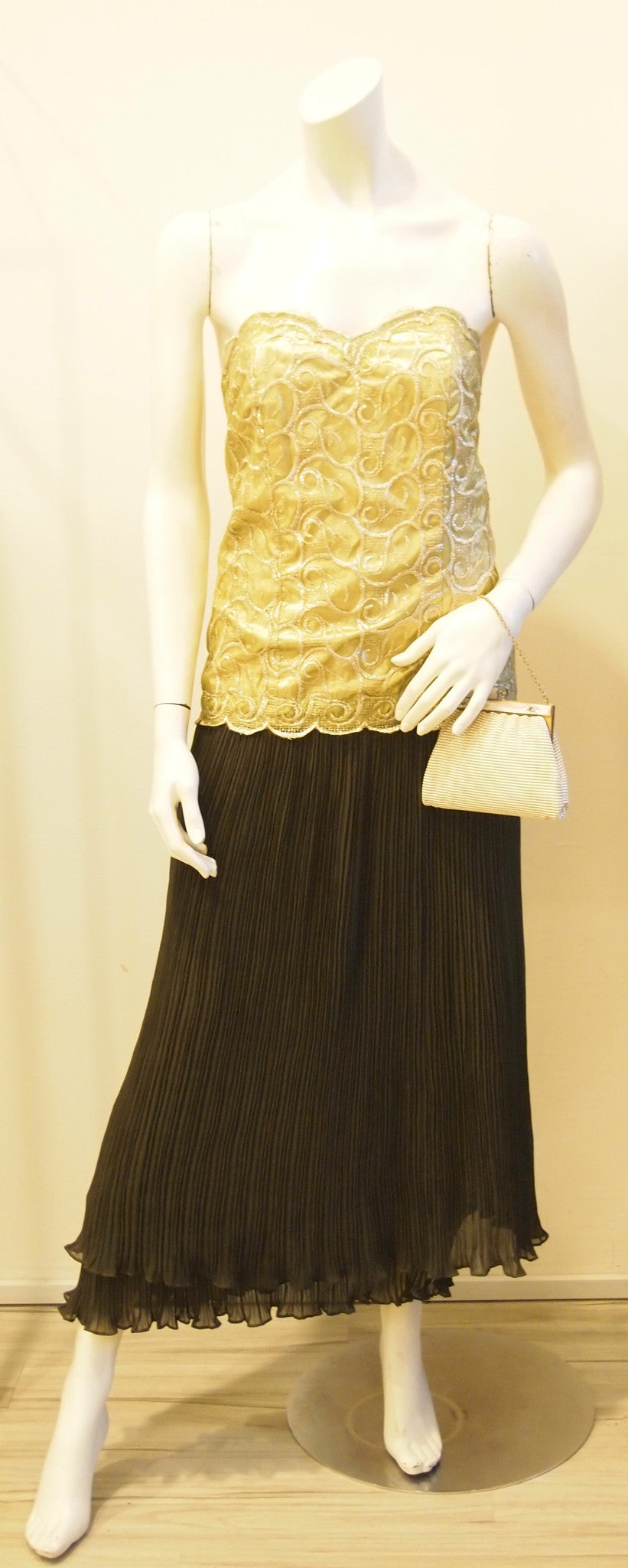 Golden Olive Pleated Lace Bustier Evening Dress with Matching Bolero