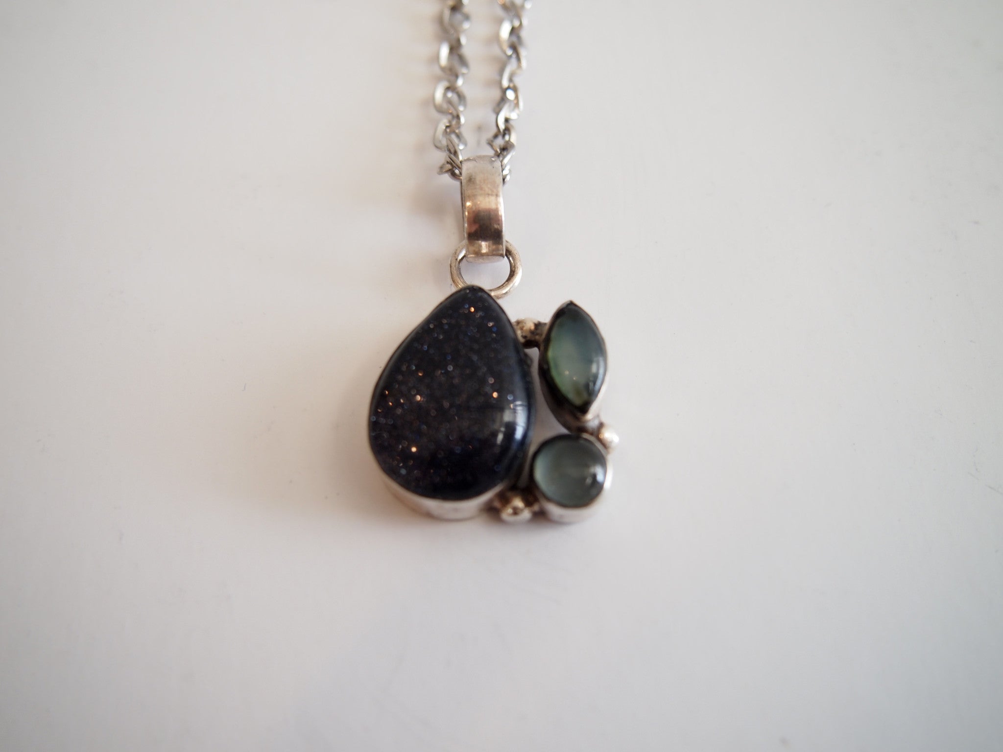 Handmade necklace with sunstone chalcedony onyx with silver rhodium chain