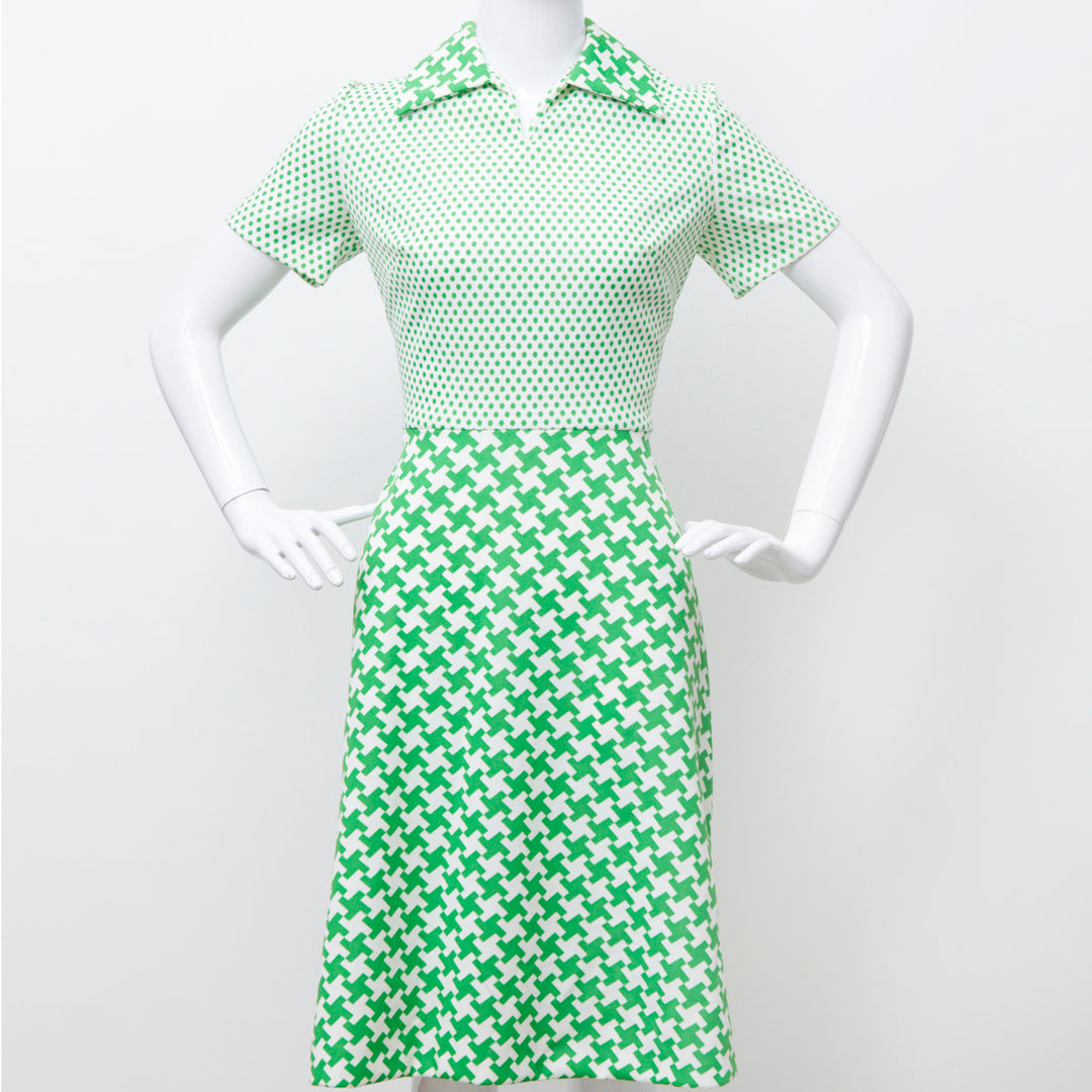 WEAR YOUR GREENS 60S POLKA DOTS HERRINGBONE MIXED PRINT DRESS | Deja Vu Vintage WEAR YOUR GREENS 60S POLKA DOTS HERRINGBONE MIXED PRINT DRESS | Deja Vu Vintage