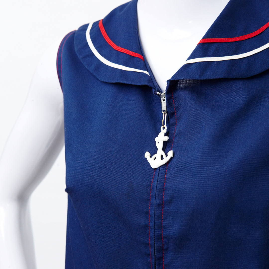 AHOY! NAUTICAL RED WHITE BLUE 60S SHIFT DRESS WITH ANCHOR ZIP
