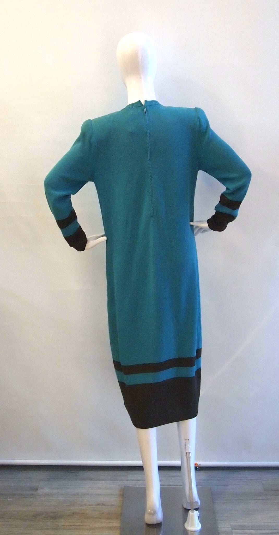 Vintage St. John turquoise green wool knit dress with brown trim