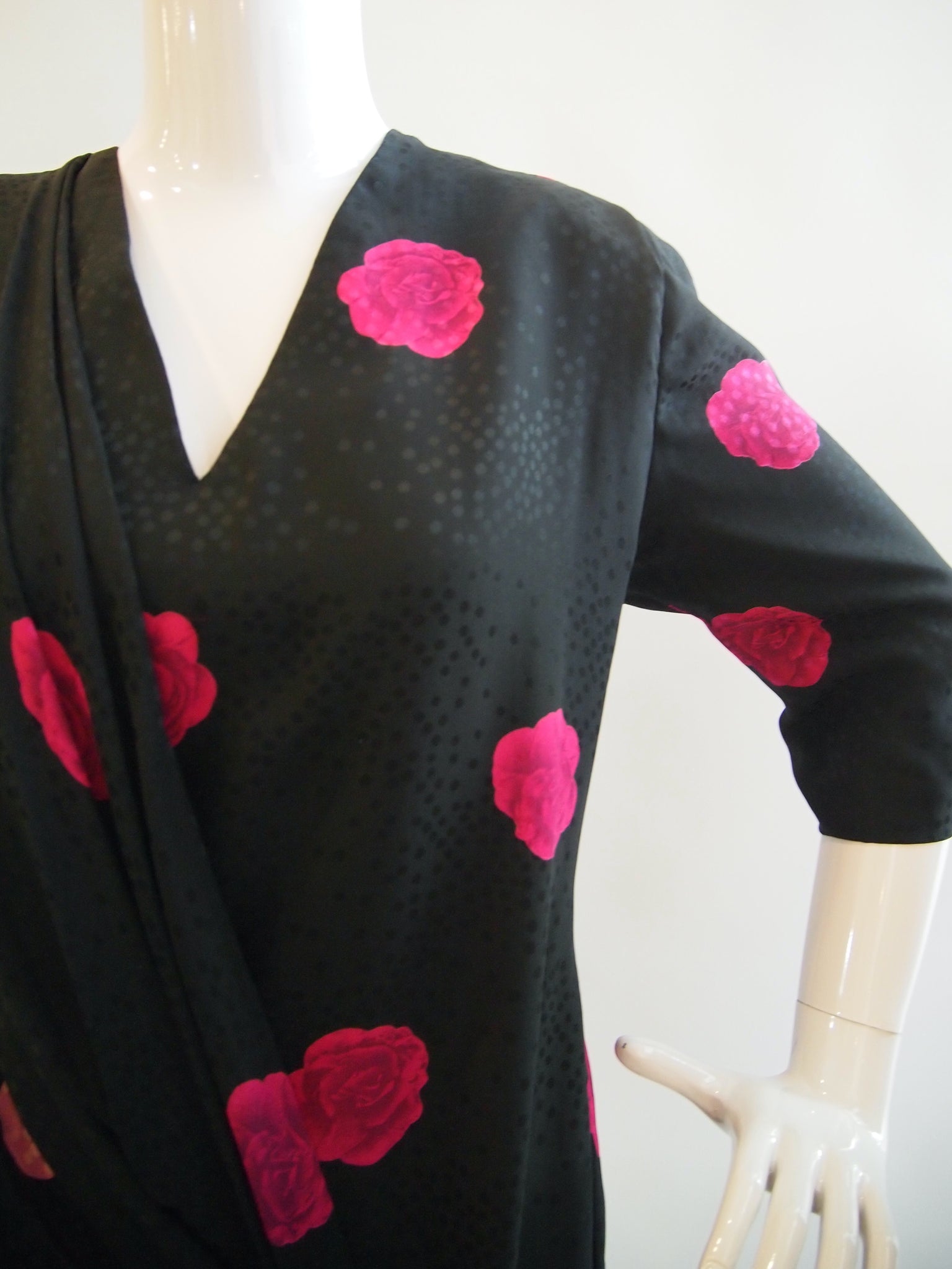 Draped Vintage Estevez Black Long Sleeve Dress with Fuschia Roses