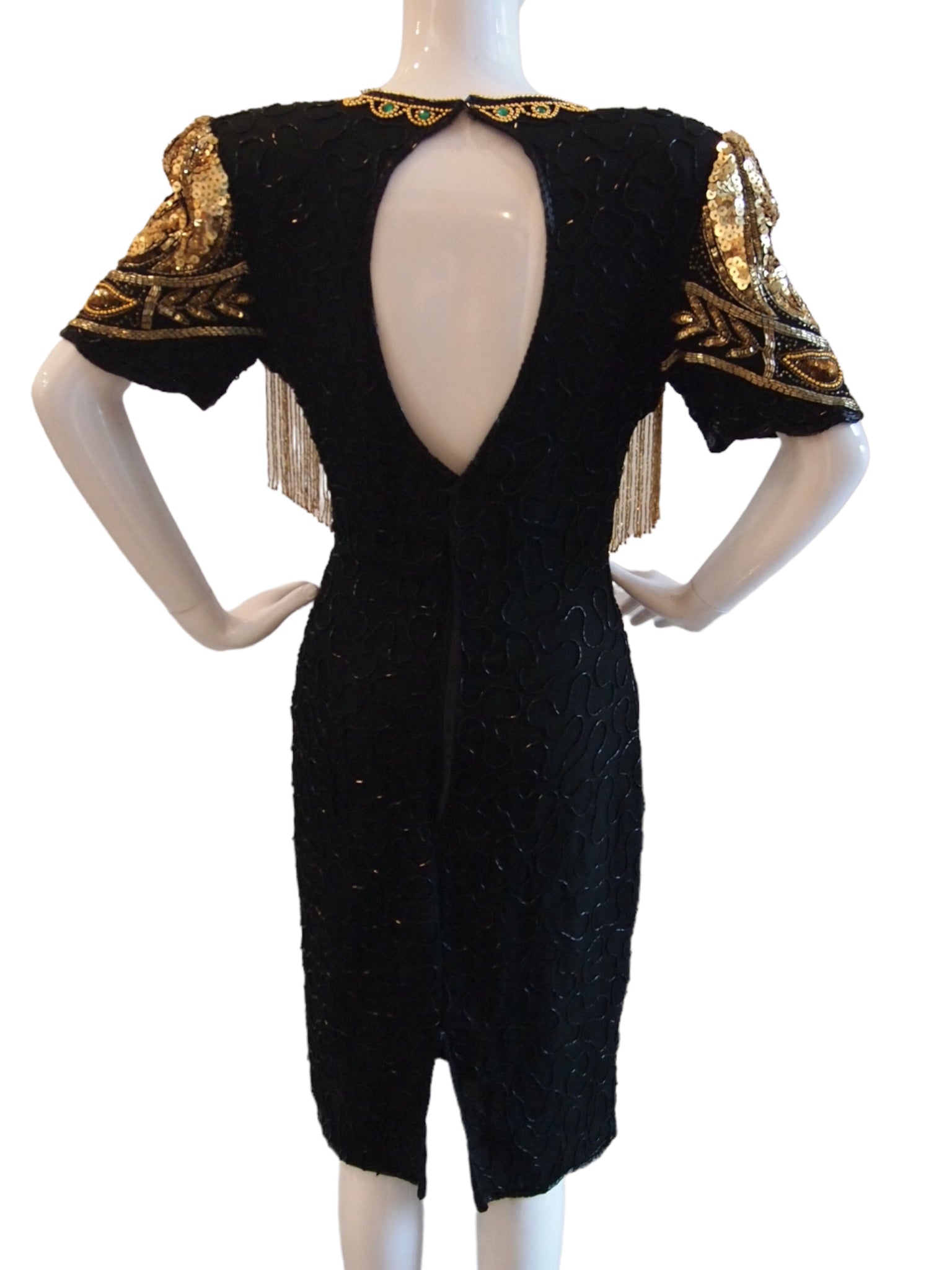 Feisty Flapper Black Gold Fully Beaded Sequinned Cocktail Evening Dress