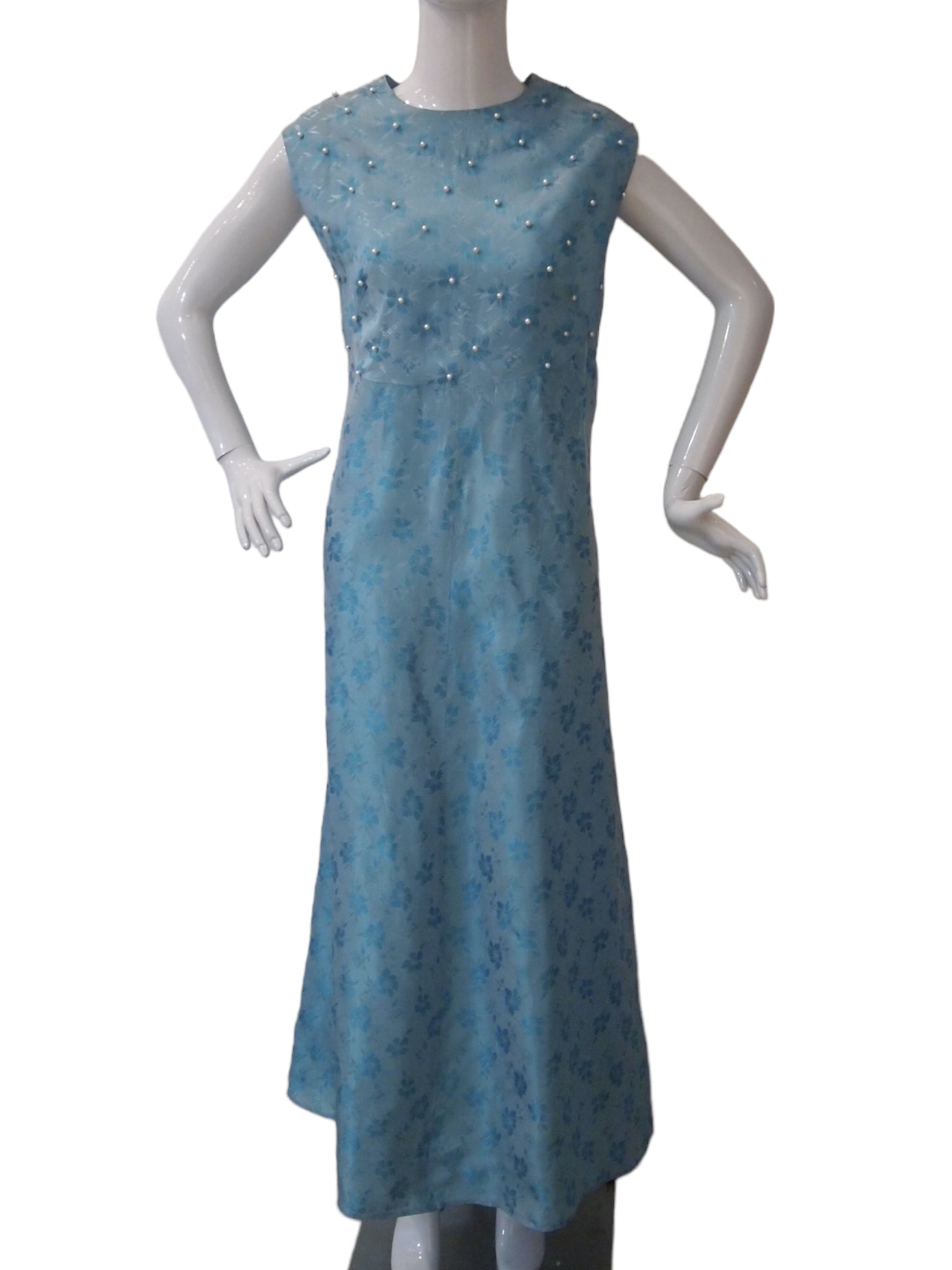 1960s Blue Brocade With Quirky Faux Pearls Maxi Cocktail Dress