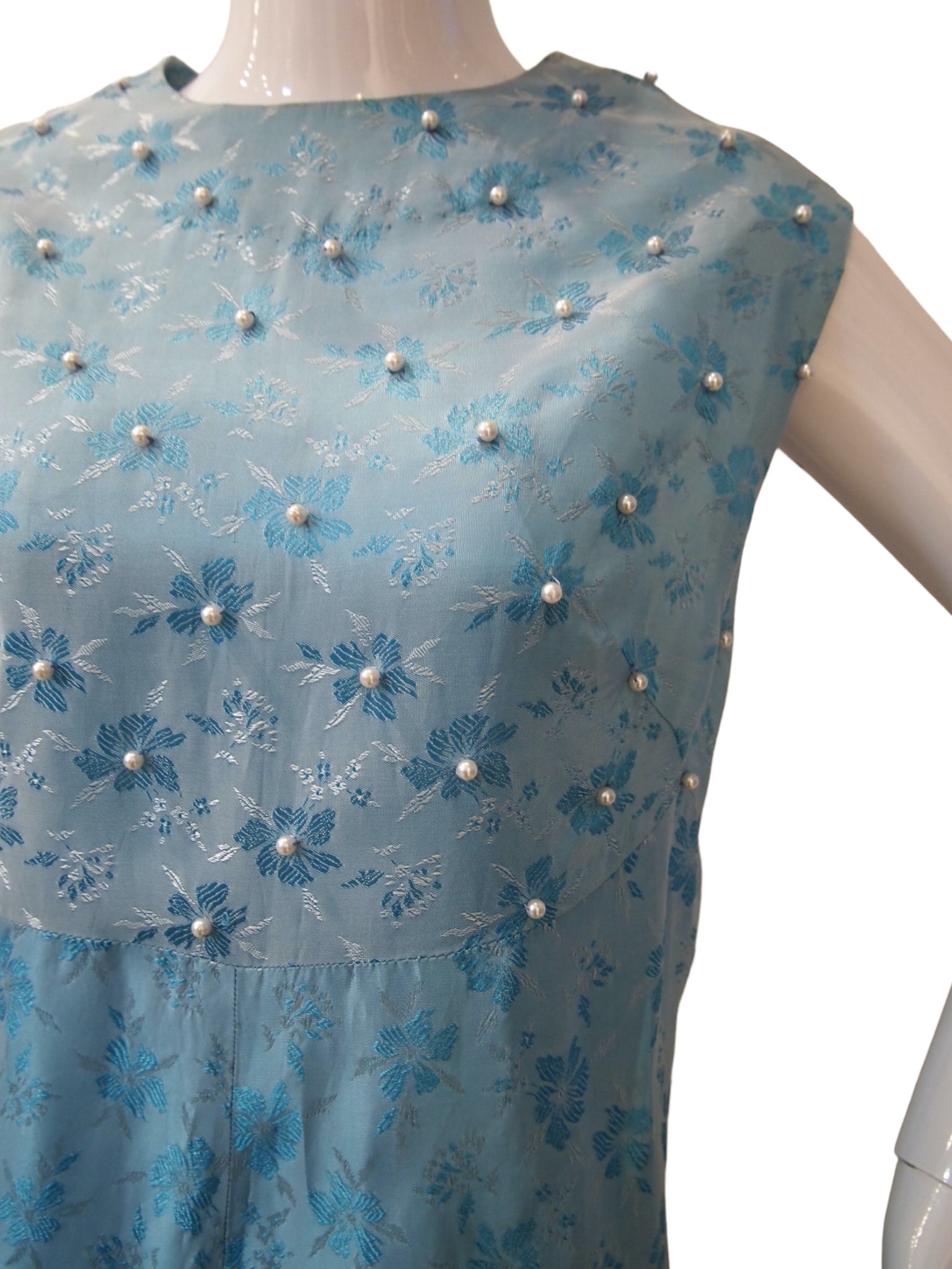 1960s Blue Brocade With Quirky Faux Pearls Maxi Cocktail Dress