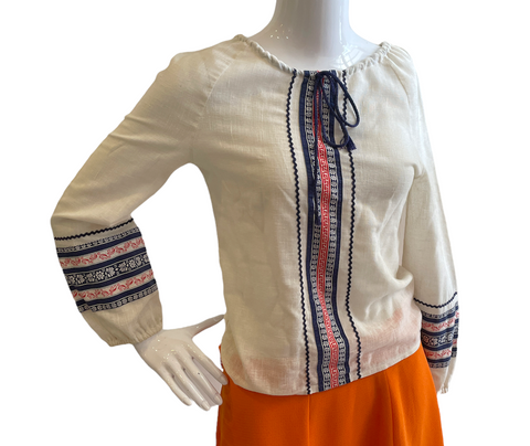 Vintage 70s Off White Boho Long Sleeve Top with Tribal Print On Cuff
