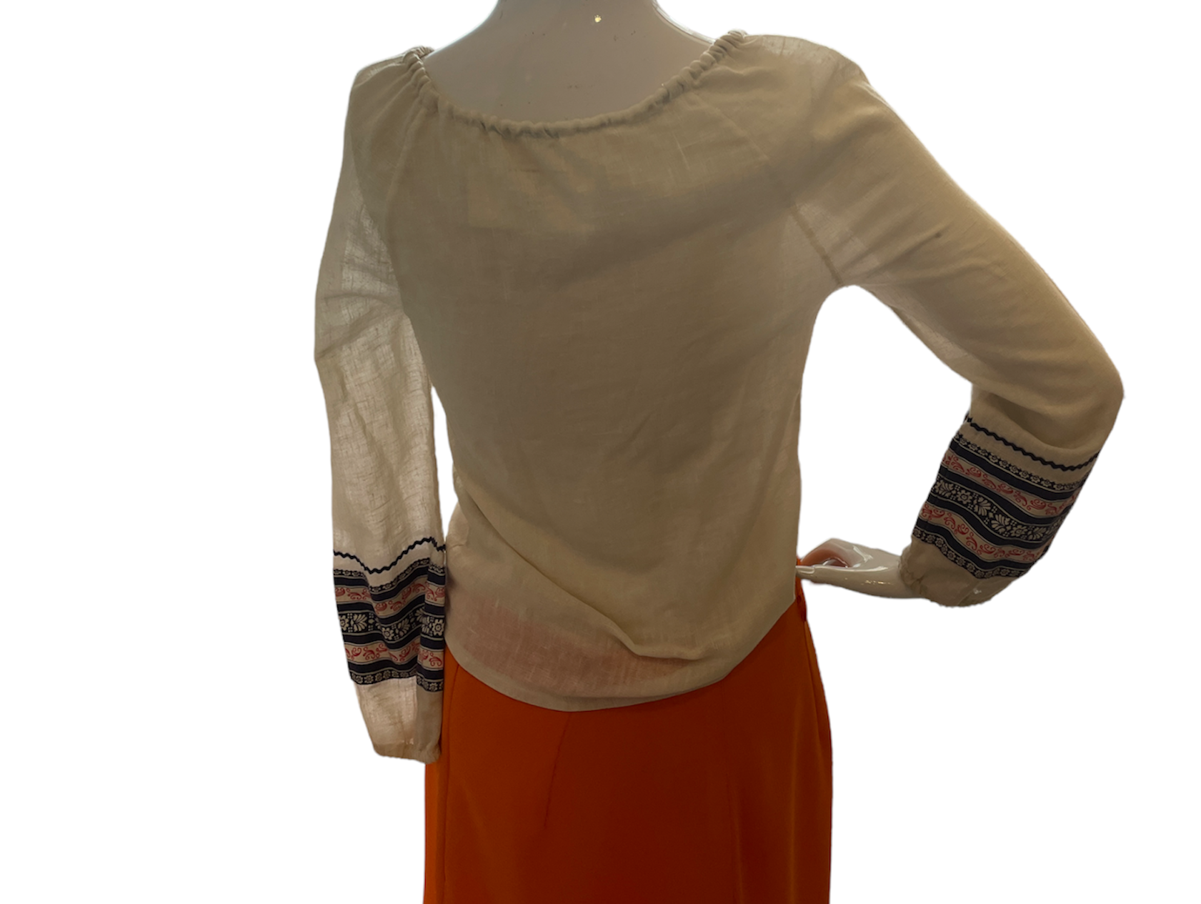 Vintage 70s Off White Boho Long Sleeve Top with Tribal Print On Cuff