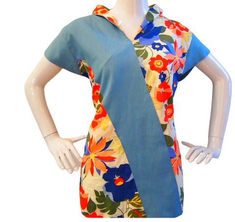 DENIM SLASH MODERN CHEONGSAM 2-WAY COLLAR COTTON TOP