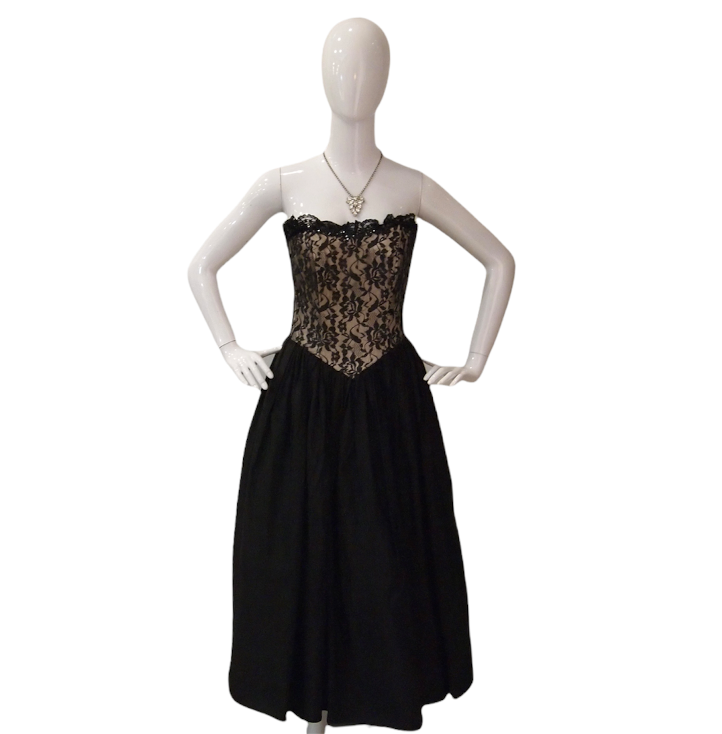 Vintage Gunne Sax Black Nude Lace Bustier Evening Dress Gown
