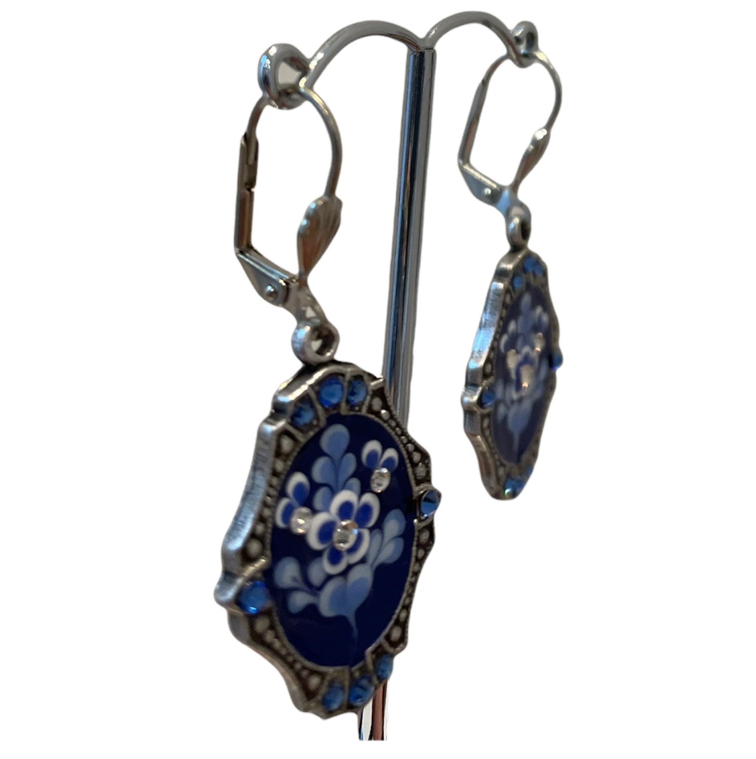 Handmade delft china handpainted enamel earrings with embedded crystal