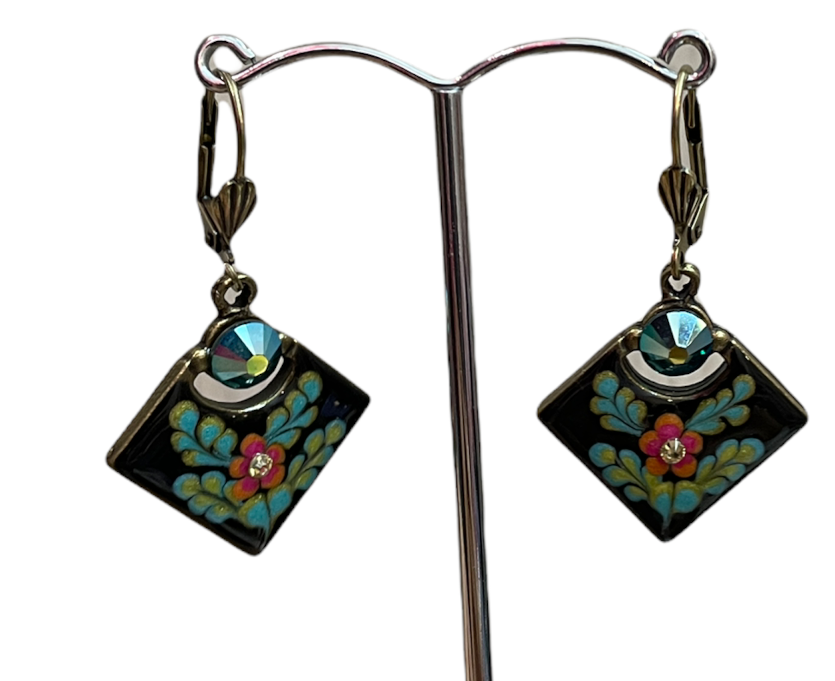 Handmade handpainted enamel earrings with embedded crystal