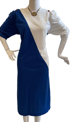 Colorblock Ruched Sleeve Blue White Dress