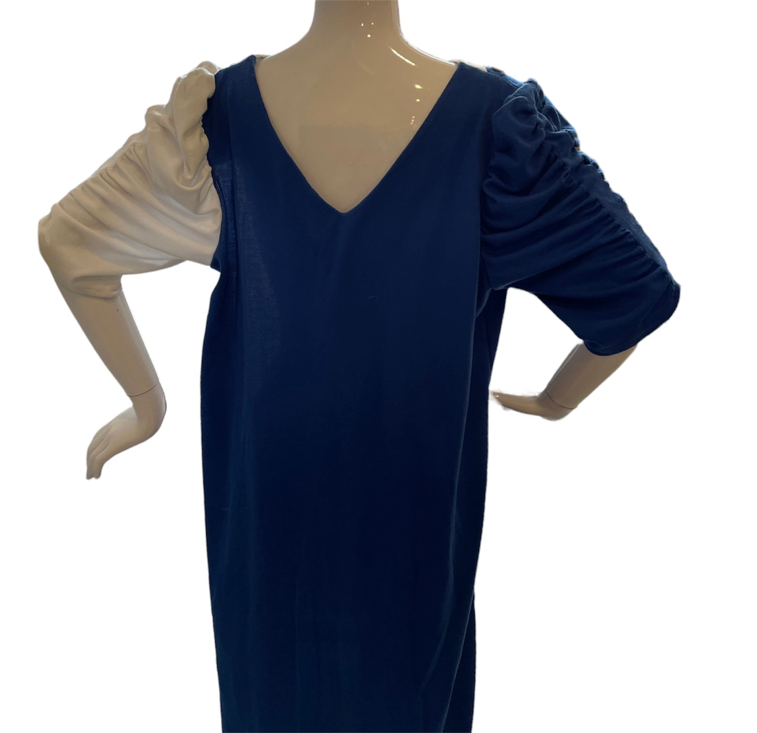 Colorblock Ruched Sleeve Blue White Dress