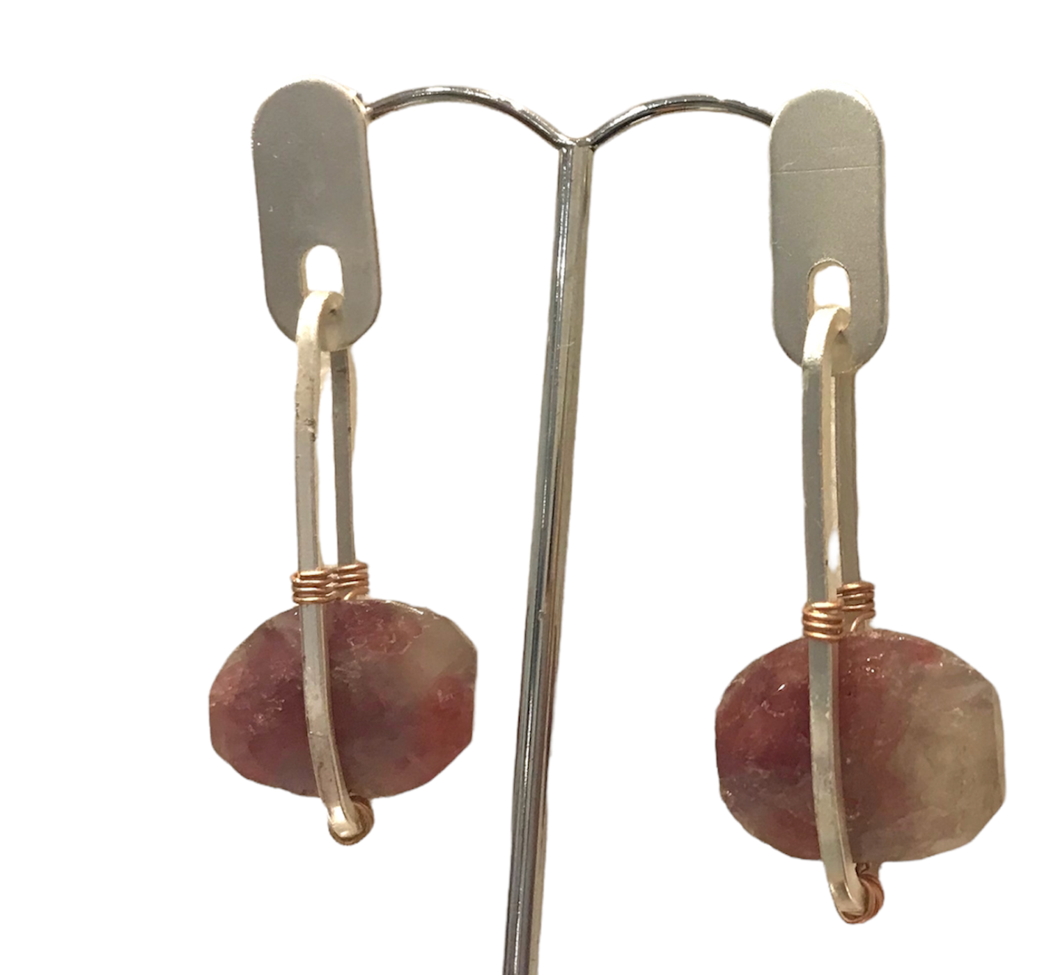 Handmade Edgy Rhodocrosite Gemstone Rhodium Plated Earrings