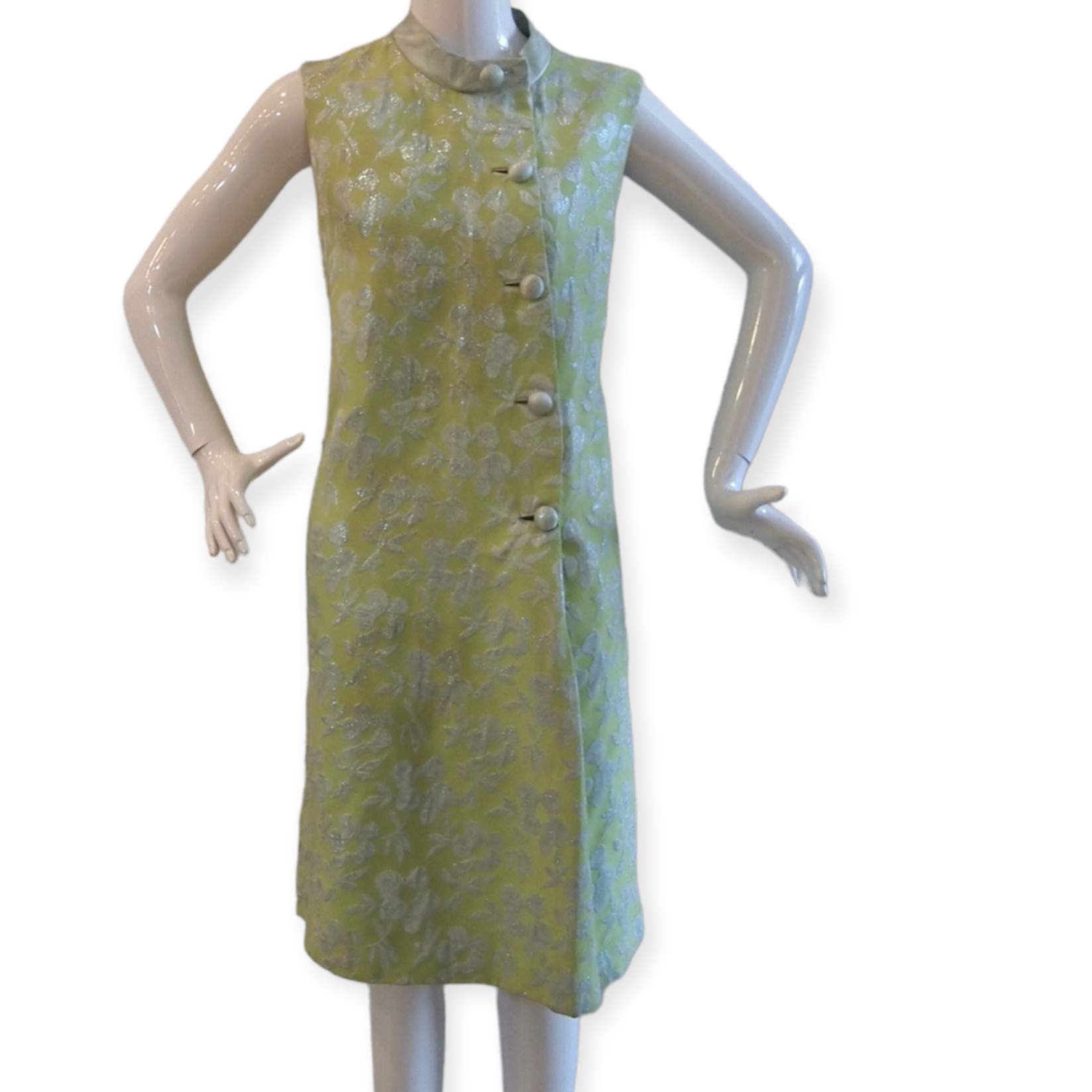 Vintage 60s Mod Lime Green & Silver Floral Brocade Dress