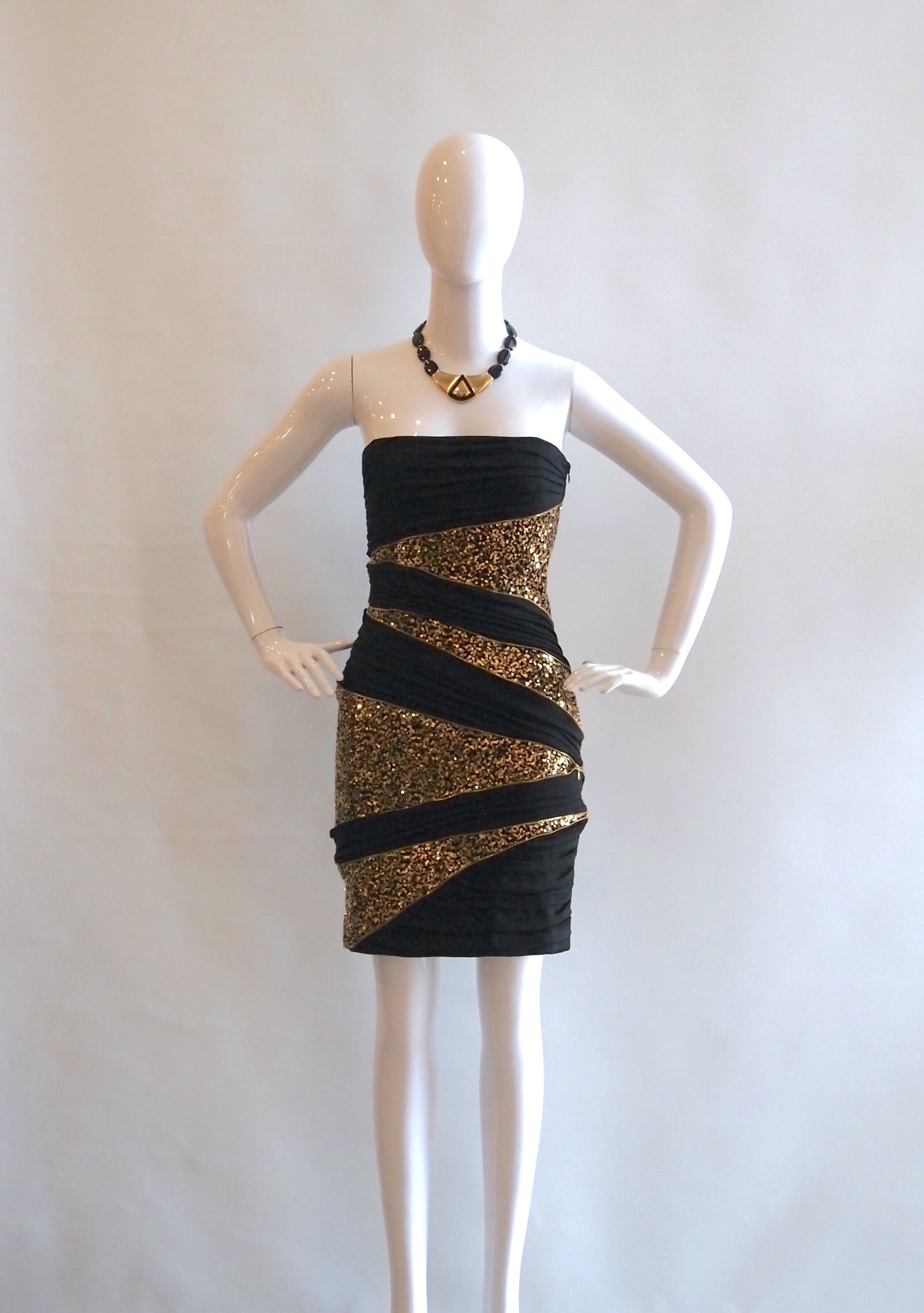 Robert Rodriguez black and gold sequinned bustier cocktail dress