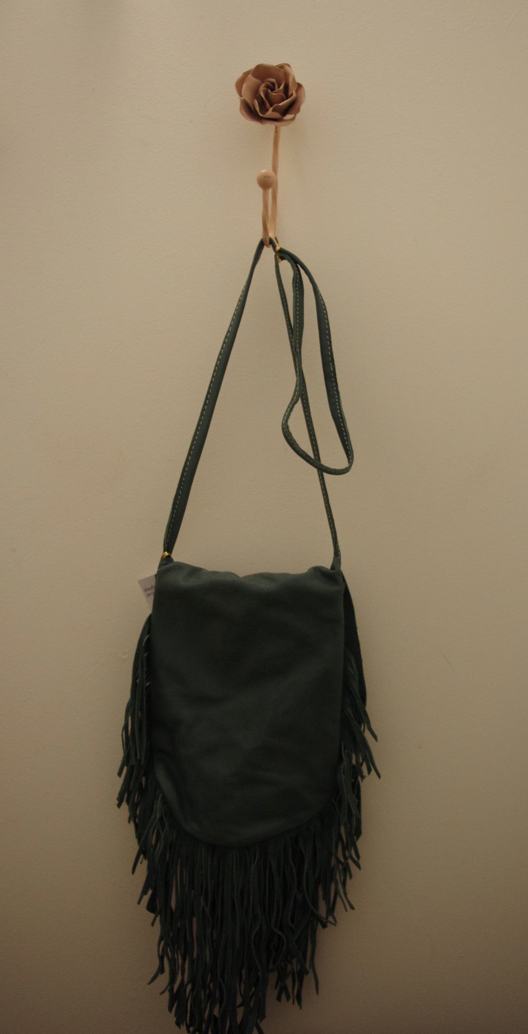 Bejewelled! Handmade Leather Fringe Sling Bag Teal