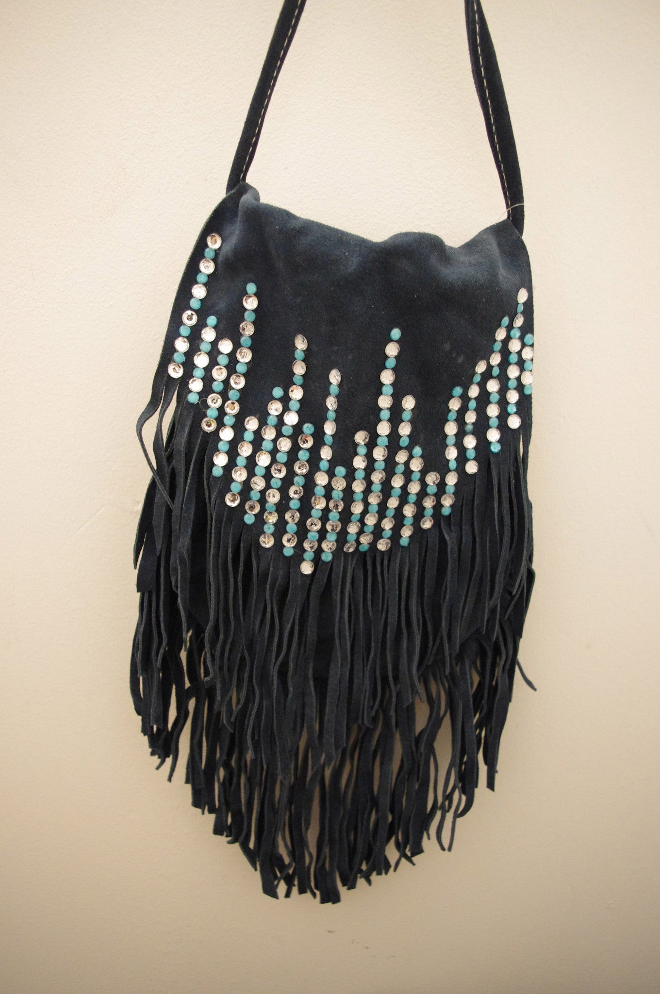 Bejewelled! Handmade Embellished Leather Fringe Sling Bag Blue | Deja ...