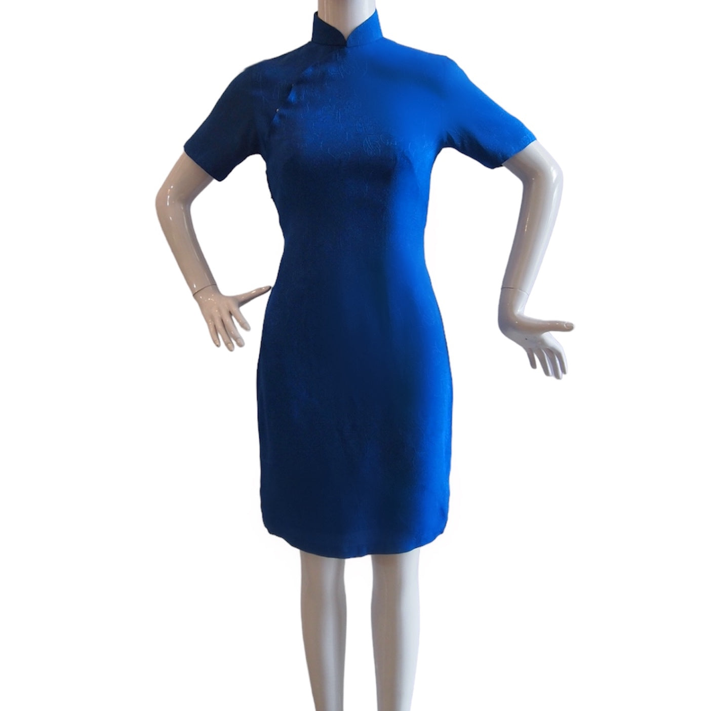 Cobalt Blue Vintage 60s Textured Modern Cheongsam Dress