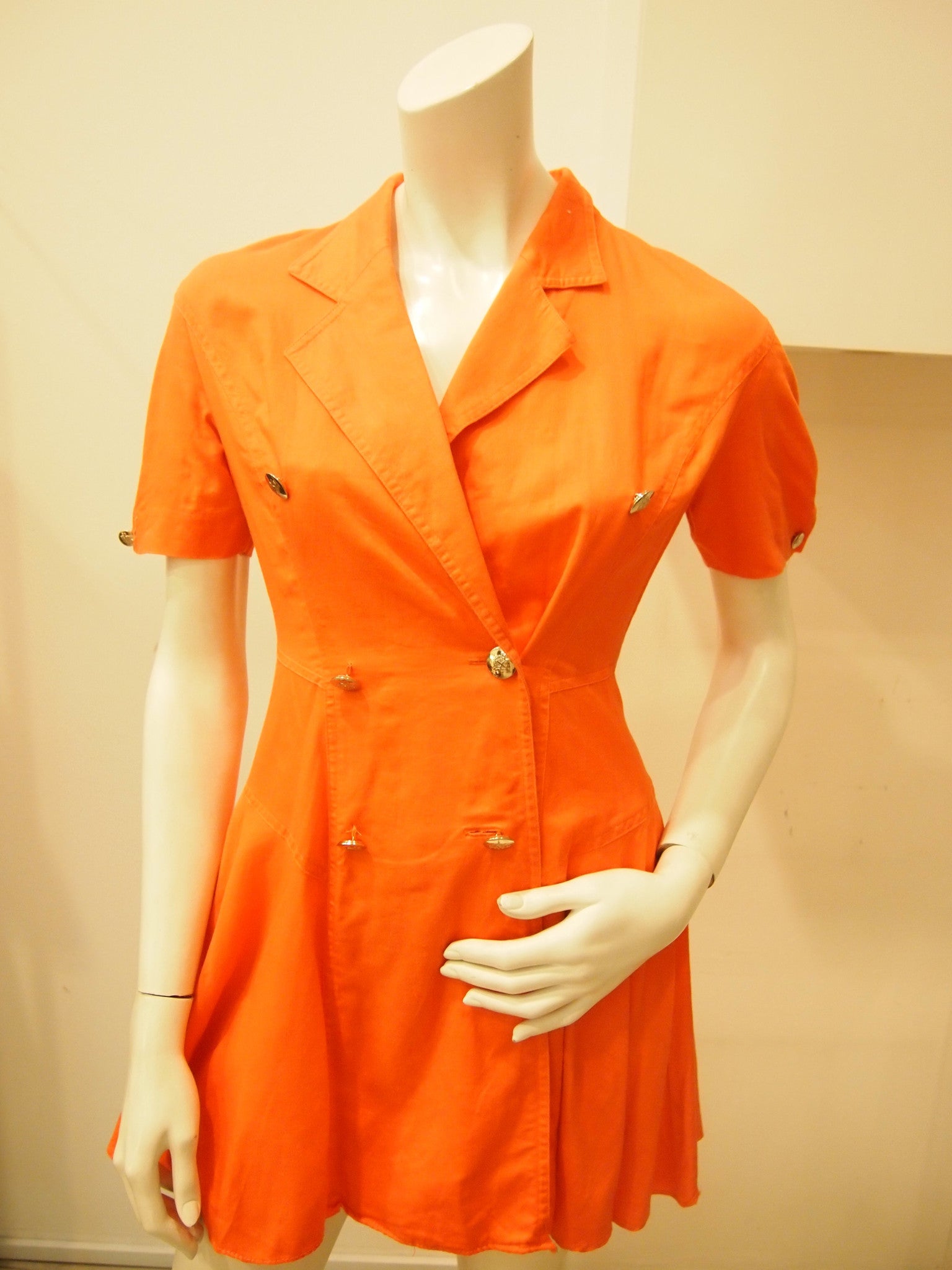80s Bright Orange Double-Breasted Dress with Cap Sleeves