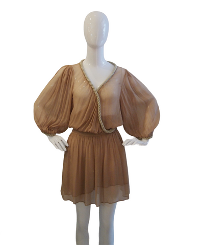 Diane Von Furstenberg Nude Silk Blouson Sleeve Wrap Dress