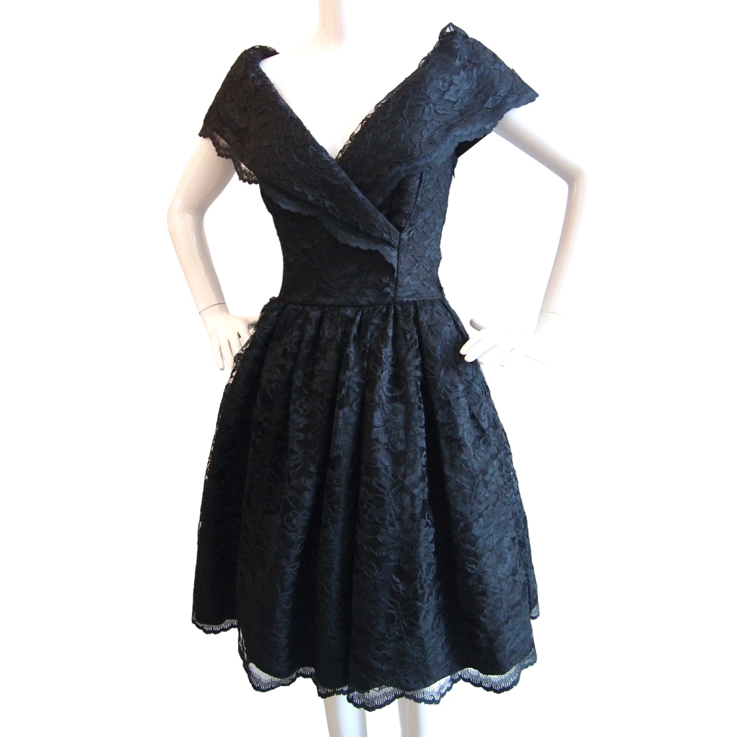 Timeless Classic 1950s Fit Flare Black LAce Off-shoulder Cocktail Even | Deja Vu Vintage Timeless Classic 1950s Fit Flare Black LAce Off-shoulder Cocktail Even | Deja Vu Vintage