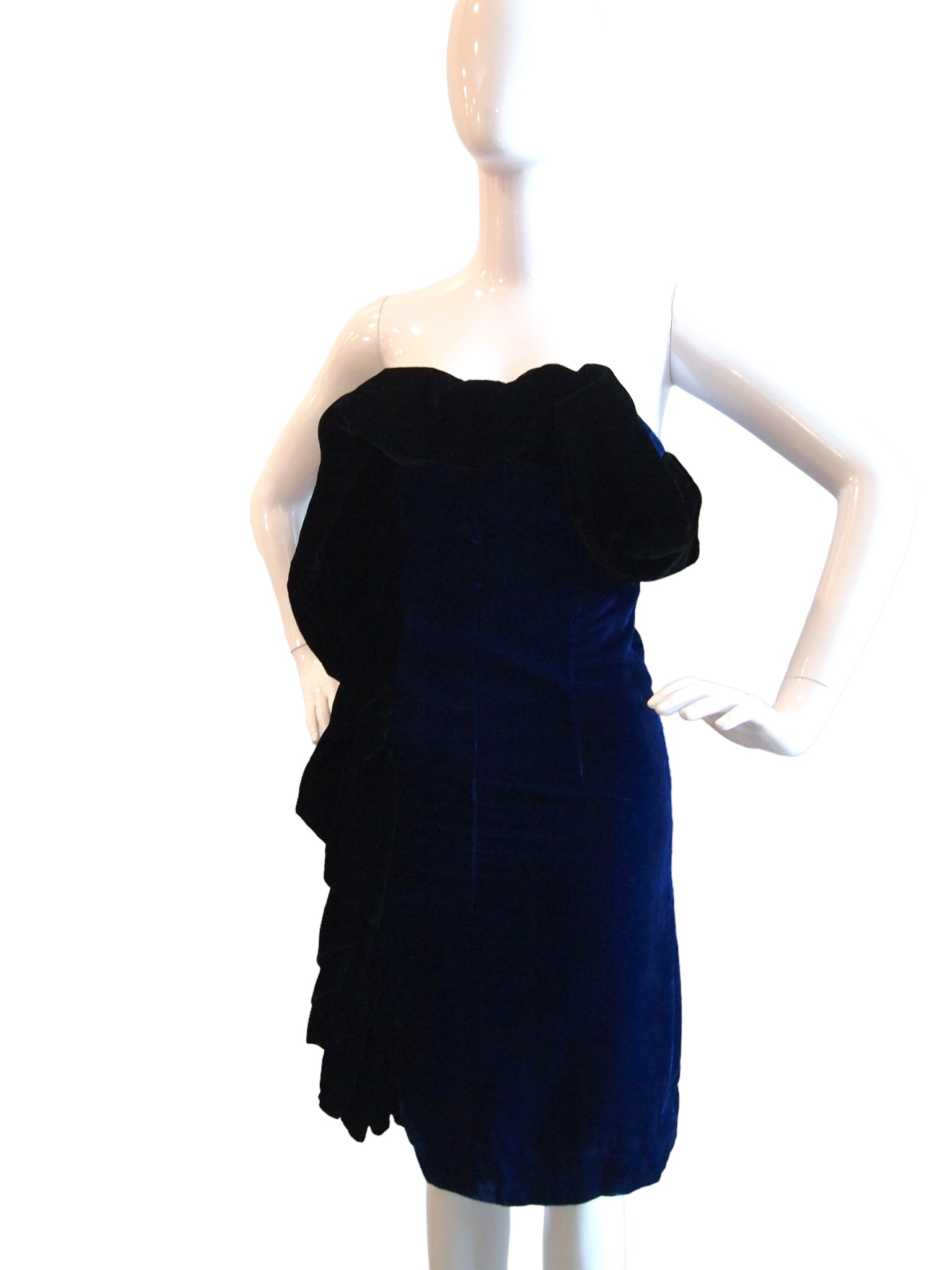 Unexpected Glamor Black Blue Strapless Bustier Velvet Cocktail Dress