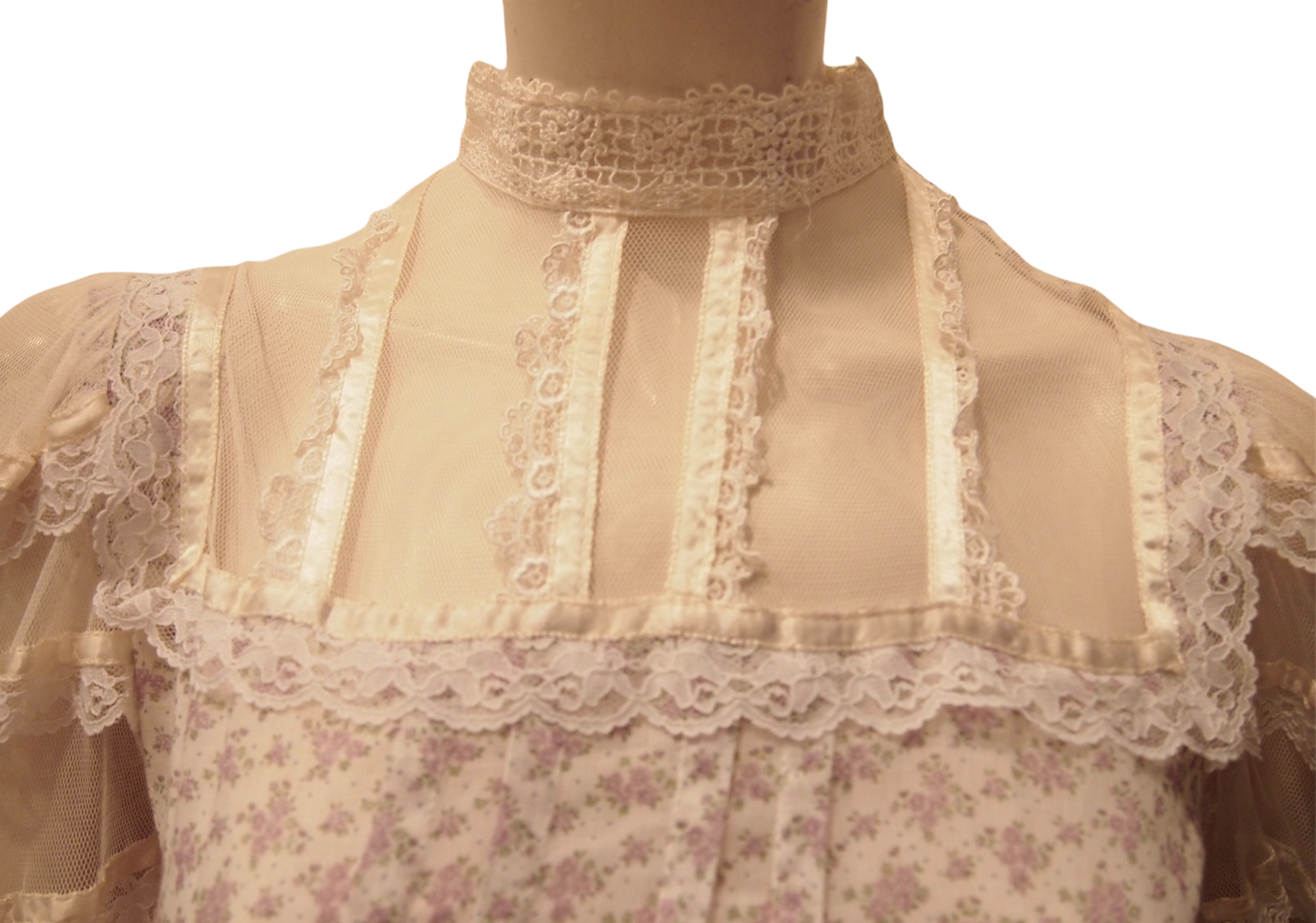 Vintage Gunne Sax Tiny Lavender Florals on White maxi Hippie Dress with Sheer Lace Sleeve