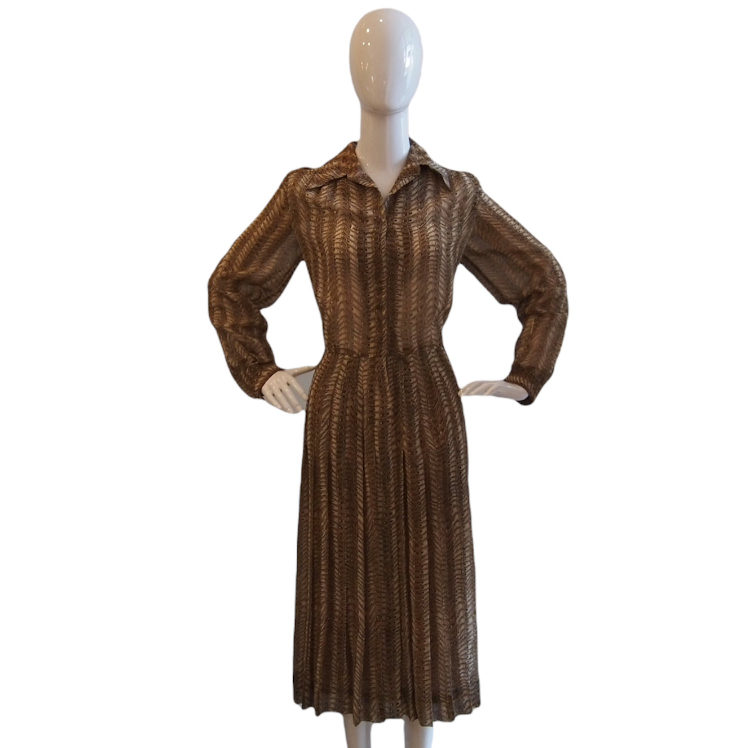 Vintage Malcolm Starr Bark Print Brown Lightweight Shirt Dress